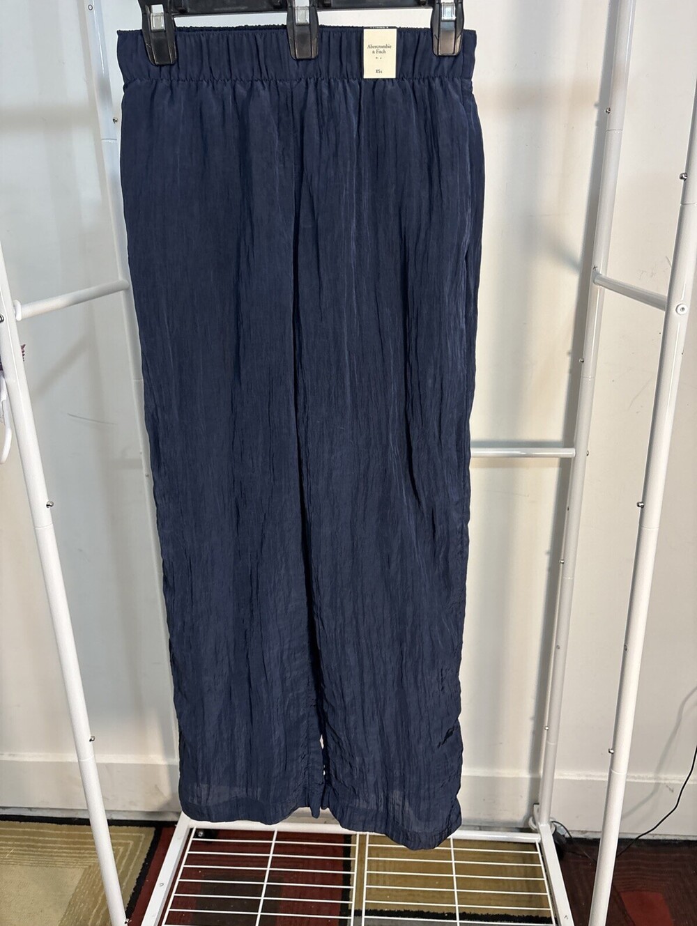 Abercrombie & Fitch Crinkle Textured Pull-On Wide Leg Pants Navy Blue NWT XS